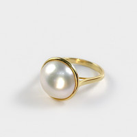 豪珠 马贝珍珠戒指 K金日本海水珍珠戒子炫彩白色简单包边 白色马贝拍下备注指圈号 13-14mm