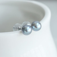 豪珠 珠宝 天然真多麻日本Akoya海水珍珠18K金 蓝灰mini耳钉小灯泡  真多麻 5.5-6mm