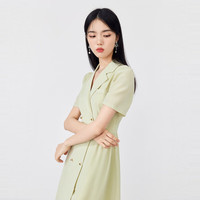 秋水伊人翻领高腰中长款西装连衣裙女装复古时尚裙子 果绿 M