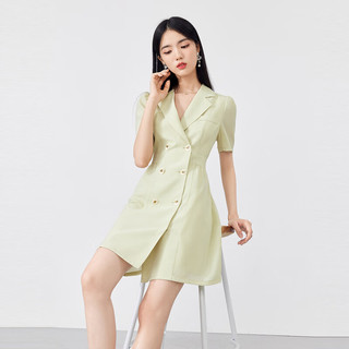 秋水伊人翻领高腰中长款西装连衣裙女装复古时尚裙子 果绿 L