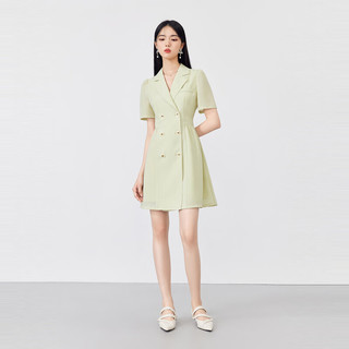 秋水伊人翻领高腰中长款西装连衣裙女装复古时尚裙子 果绿 L