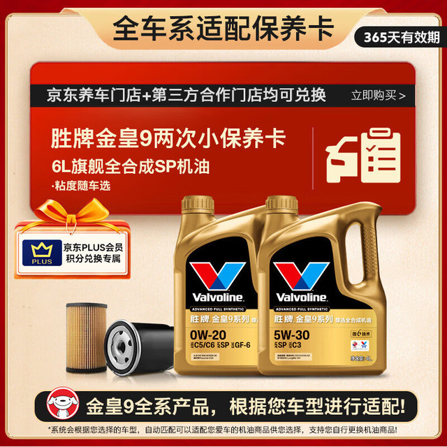 Valvoline 金皇9 全合成机油 小保养两次卡 6L机油+机滤+工时 12个月有效期