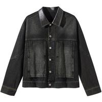 GXG男装 巴恩风领口拼接PU牛仔夹克男宽松复古外套 25秋季 黑棕色 S