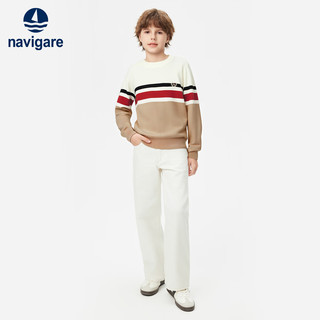 NAVIGARE意大利小帆船男童毛衣时尚撞色秋冬圆领毛衫保暖绵羊毛儿童针织衫 【撞色毛衣】卡其 120