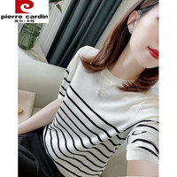 皮尔卡丹(pierre cardin)减龄黑白条纹短袖冰丝针织t恤女夏季薄款显瘦气质百搭海魂衫上衣 白色 L