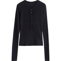 初语修身轻薄云感T恤女2025秋季天丝羊毛长袖复古亨利领上衣 黑色 L