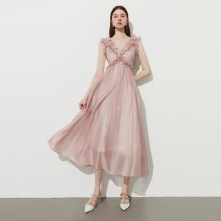 【度假系列】2025年夏季粉色连衣裙女莱赛尔木耳边裙子