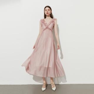 【度假系列】2025年夏季粉色连衣裙女莱赛尔木耳边裙子