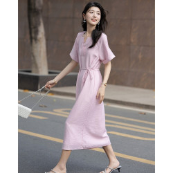德玛纳 夏季清爽亚麻混纺V字方领直筒小个子女式连衣裙 珊瑚粉 L