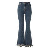 百图betu女装秋季牛仔裤高腰弹力流苏微喇叭牛仔裤女2307T61 蓝色 L