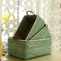 金柳 收纳筐 草编编织零食收纳盒 3只一套 绿色