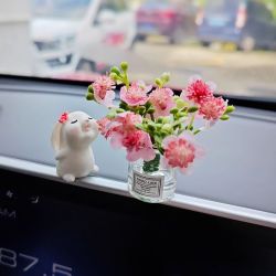 豪稳馨 可爱迷你花瓶汽车中控台窗边装饰品摆件车内新款车载治愈公仔摆件 闻香兔子+桃花花瓶（送无痕贴）