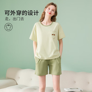 芬腾睡衣【防螨纯棉】加固圆领简约休闲短袖家居服 浅绿 M
