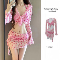 栢启歆 泳衣女2025新款显白少女分体比基尼四件套绑带裙式温泉度假纯欲风