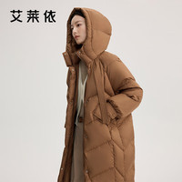 艾莱依（ERAL）飘带羽绒服女士连帽鸭绒长款外套防风抗寒廓形加厚羽绒服简约大气   155【建议80-110斤】