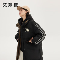艾莱依(ERAL)羽绒服女士撞色织带长款羽绒服美式假两件大衣街头运动风鸭绒外套 160【建议110-130斤】