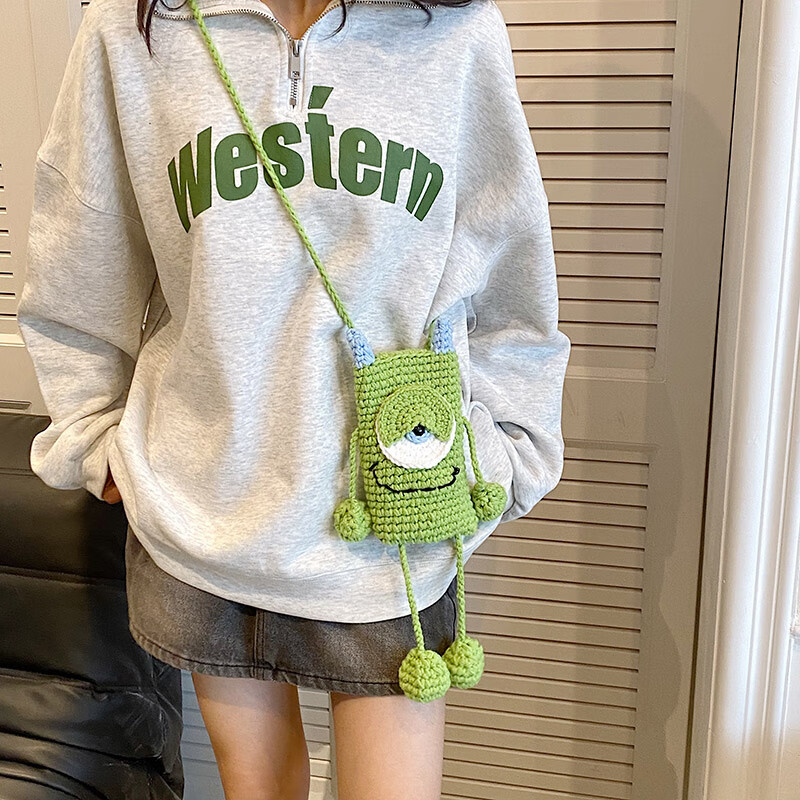 卡特骆夏天夏季个性大眼仔斜挎迷你小包包女mini手工织手机包 绿色大眼仔针织包