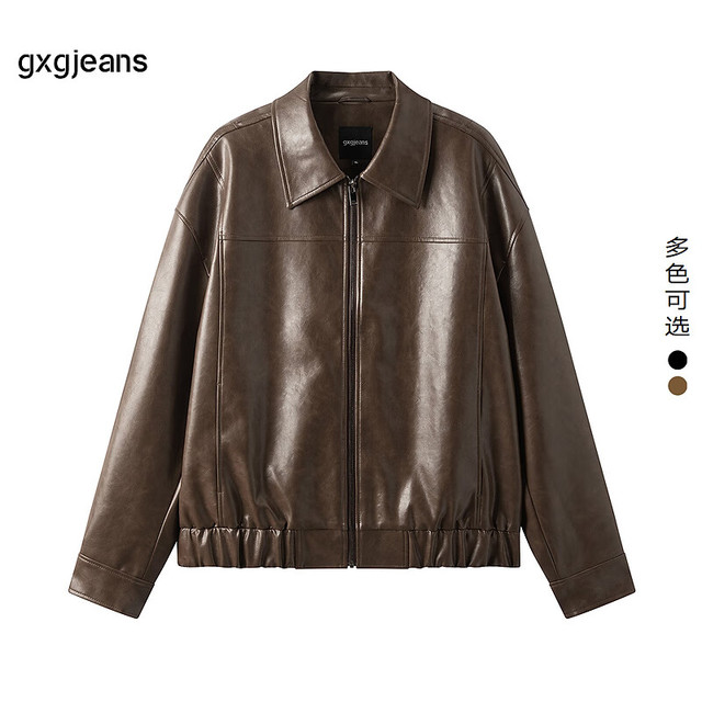 gxgjeans 美式翻领PU皮衣飞行员夹克 咖色
