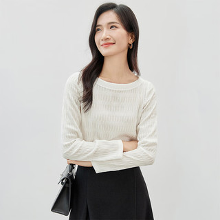 尚都比拉时尚通勤一字领T恤女秋冬水波纹肌理弹力长袖上衣 象牙白 L
