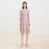 碎花圆领七分袖百搭修身优雅蕾丝女人味连衣裙女
