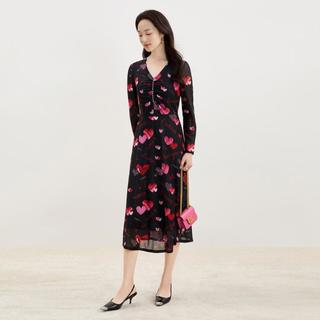 春秋季人气复古印花设计感V领收腰时尚优雅中长款连衣裙裙子女