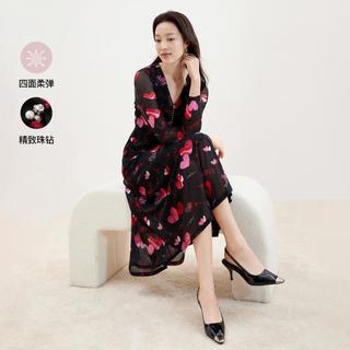 春秋季人气复古印花设计感V领收腰时尚优雅中长款连衣裙裙子女