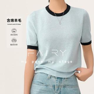 秋水伊人 Fairy系列 含绵羊毛 撞色宽松 短袖针织衫