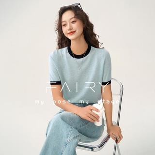 秋水伊人 Fairy系列 含绵羊毛 撞色宽松 短袖针织衫