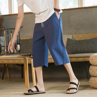 月伊纺 夏季亚麻短裤男士100%纯棉七分裤宽松大码新中式亚麻休闲马裤