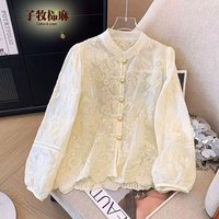 子牧棉麻2025秋装 女新中式盘扣圆领蕾丝衬衫宽松复古气质薄款上衣2808