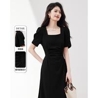 连衣裙女2025夏季法式气质方领褶皱收腰显瘦时尚裙子