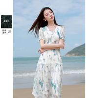 【微胖系列】2025夏款V领印花连衣裙短袖蝴蝶结胖MM