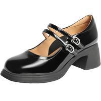 百丽粗高跟玛丽珍鞋女款通勤漆皮小皮鞋浅口单鞋子