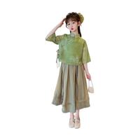 汉唐贝贝女童夏装连衣裙2025中大童夏季汉服裙子儿童中国风套裙两件套 绿色【汉服裙子套装】 120 cm