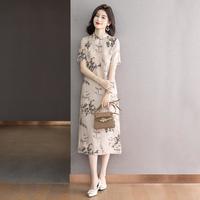 丝柏舍 SPECIAL【减龄气质连衣裙】2025夏装新女士印花宽松亚麻旗袍裙有大码