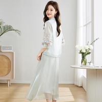 国风复古气质绣花上衣半身裙两件套衣服夏装中袖衬衫裙子休闲套装