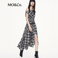 MO&Co.连衣裙2025秋黑白格纹斜肩捏褶不对称开叉附腰带MBE3DRS044 黑白格色 S /160
