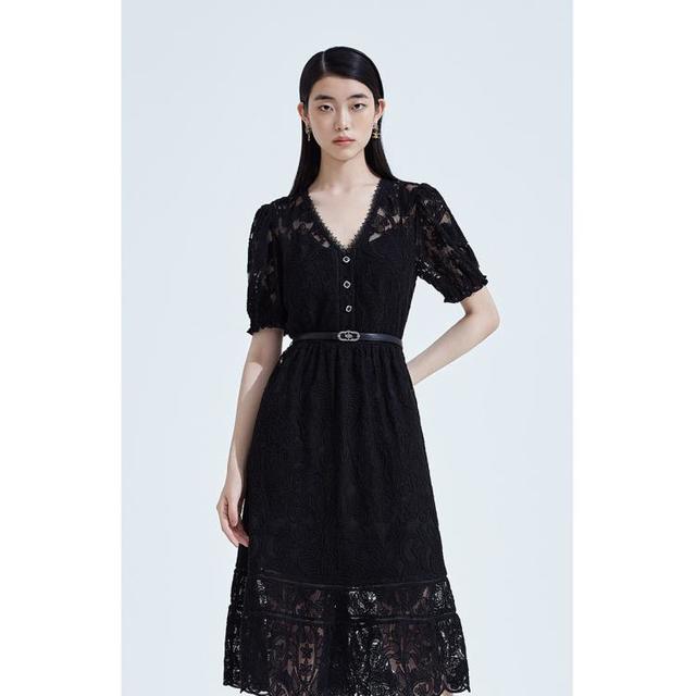 欧时力 夏装V领气质超仙水溶蕾丝温柔风连衣裙女