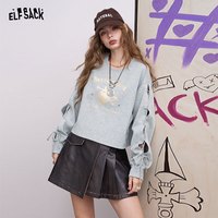 妖精的口袋miu系灰色印花圆领卫衣女2025早秋韩系短款薄上衣 草莓粉色 S