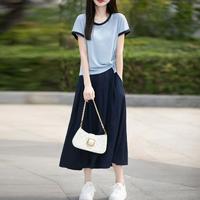 撞色气质t恤女A字半身裙套装女2025夏季显瘦减龄两件套