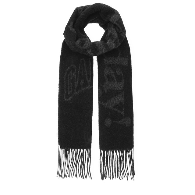 88VIP：GANNI 黑色logo印花羊毛流苏针织围巾披肩 A6423252