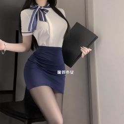吸管少女 南航空姐  性感空姐职业套装夜店前台修身显瘦网红纯欲秘书睡裙 蓝色