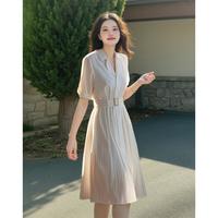【换季清】纯棉西装领竖条纹连衣裙女夏职场高级感A字裙（送腰带