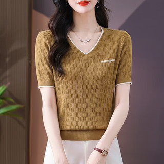 歌米拉（Gemila）薄款冰丝短袖T恤女2025夏装潮流镂空宽松遮肚显瘦针织衫上衣 橄榄绿 9113 M 【100-110斤】