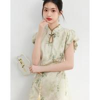 法式时尚绿色盘扣立领提花设计感收腰显瘦连衣裙夏季