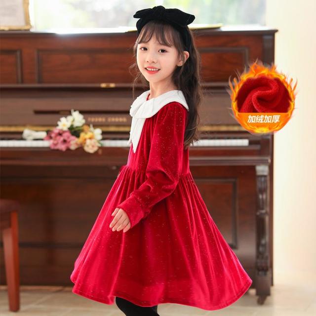 限尺码：巴黎嫒宝时 Hercastlè 女童裙子冬款拜年服中大童冬季加绒加厚红色新年保暖儿童连衣裙