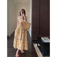 罗蒙（ROMON）时尚氛围感度假风海边显瘦印花吊带裙长款连衣裙女休闲夏新款 枯叶黄 L -105-115斤