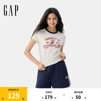 Gap 女装2025夏季撞色圆领趣味印花logo常规短袖T恤上衣766159 象牙白 S (160/80A) 亚洲尺码