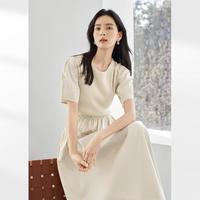 2025夏装法式拼接针织短袖连衣裙收腰显瘦抽绳大摆女式A字裙