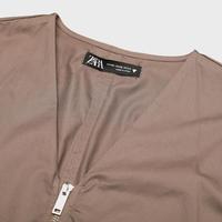 ZARA【知性气质】纯色休闲V领拉链松紧收腰A字短袖连衣短裙